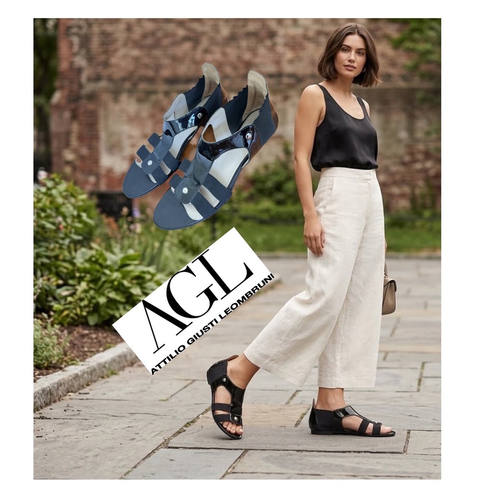 AGL Attilio Giusti Leombruni Black Patent Leather Elastic Flat Sandals Size 39.5